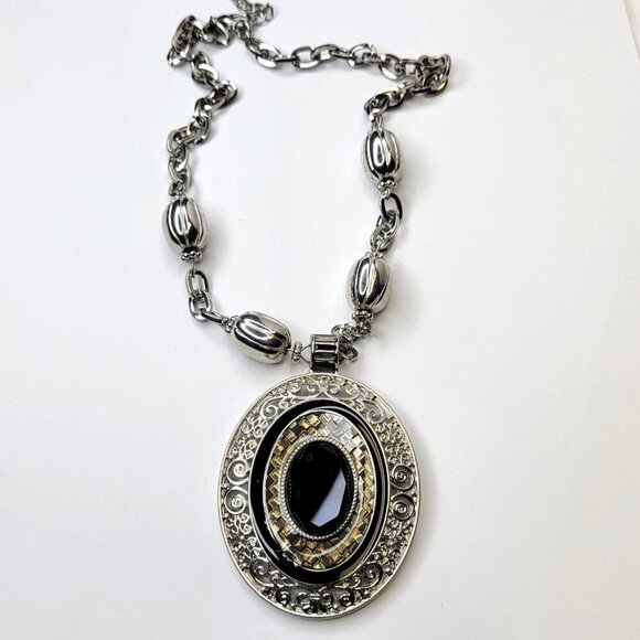 Black and Silver tone Oval Pendant Necklace - Picture 3 of 4